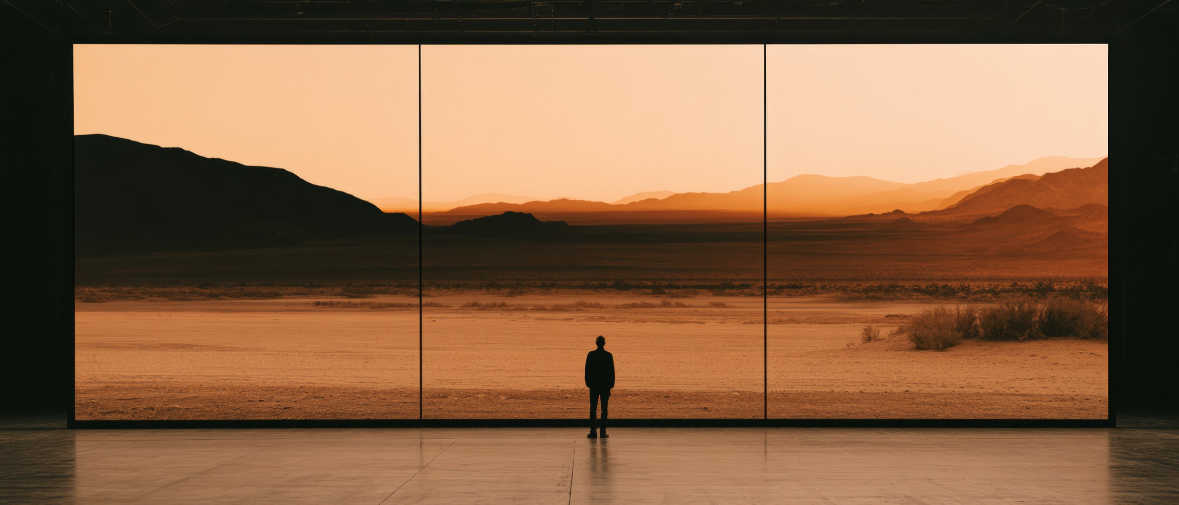 A lone figure silhouetted before a vast desert landscape at dusk, framed by a monumental window.